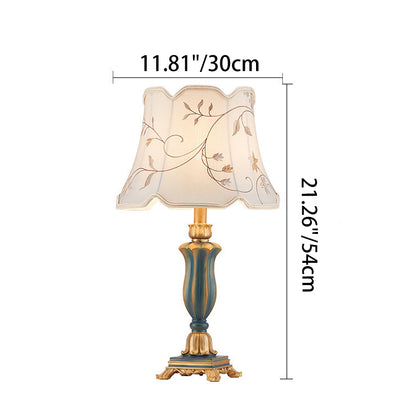 Lámpara de mesa de 1 luz con base de resina tallada y pantalla redonda con bordado de tela tradicional europea para dormitorio 