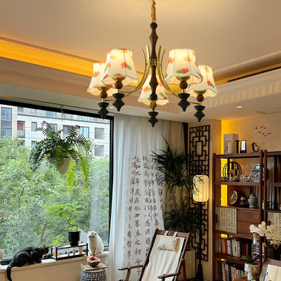 Traditional French Wood Iron Arc Frame Maple Leaves Fabric Shade 3/5-Light Chandelier For Living Room
