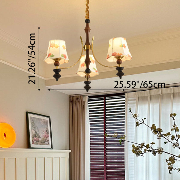 Traditional French Wood Iron Arc Frame Maple Leaves Fabric Shade 3/5-Light Chandelier For Living Room