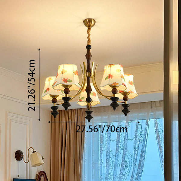 Traditional French Wood Iron Arc Frame Maple Leaves Fabric Shade 3/5-Light Chandelier For Living Room