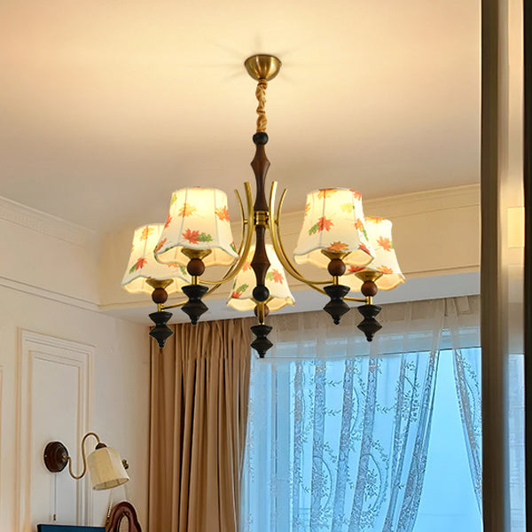 Traditional French Wood Iron Arc Frame Maple Leaves Fabric Shade 3/5-Light Chandelier For Living Room