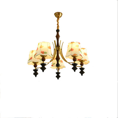 Traditional French Wood Iron Arc Frame Maple Leaves Fabric Shade 3/5-Light Chandelier For Living Room