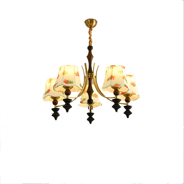 Traditional French Wood Iron Arc Frame Maple Leaves Fabric Shade 3/5-Light Chandelier For Living Room