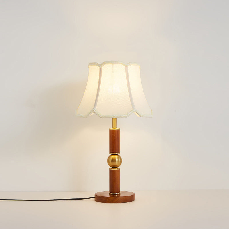 Traditional French Fabric Shade Hardware Solid Wood Base 1-Light Table Lamp For Bedroom