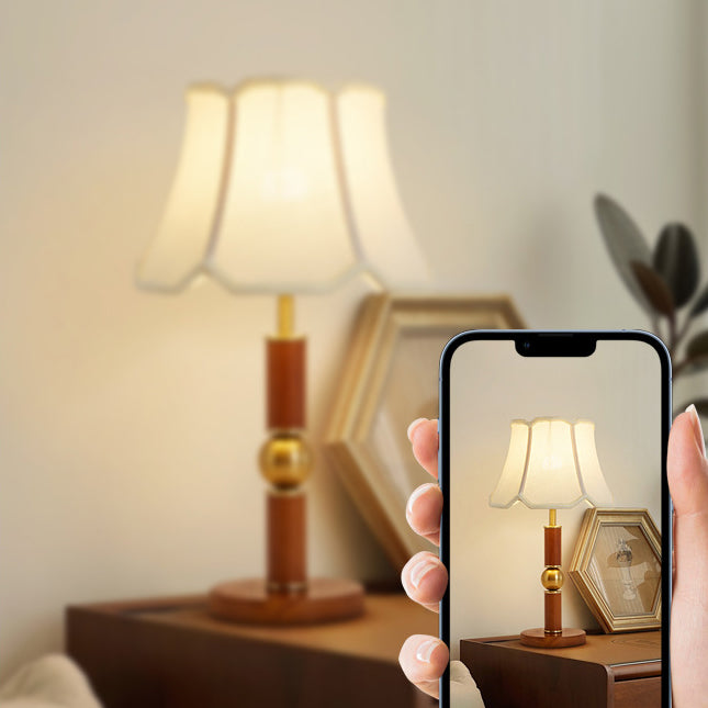Traditional French Fabric Shade Hardware Solid Wood Base 1-Light Table Lamp For Bedroom