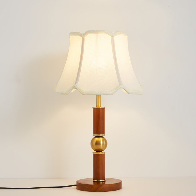 Traditional French Fabric Shade Hardware Solid Wood Base 1-Light Table Lamp For Bedroom