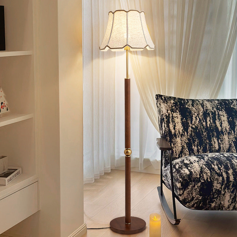 Traditional French Fabric Shade Hardware Solid Wood Base 1-Light Standing Floor Lamp For Bedroom