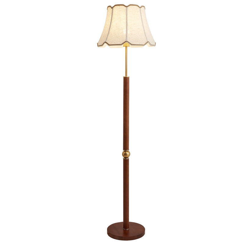 Traditional French Fabric Shade Hardware Solid Wood Base 1-Light Standing Floor Lamp For Bedroom