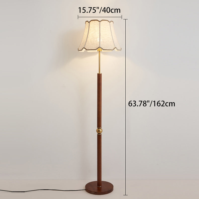 Traditional French Fabric Shade Hardware Solid Wood Base 1-Light Standing Floor Lamp For Bedroom