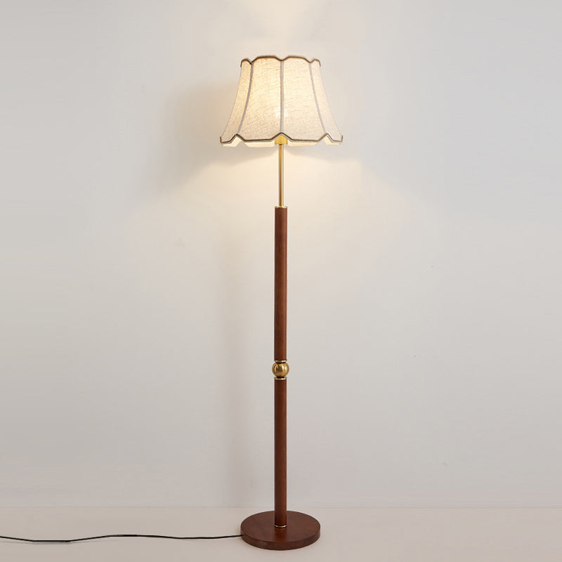Traditional French Fabric Shade Hardware Solid Wood Base 1-Light Standing Floor Lamp For Bedroom
