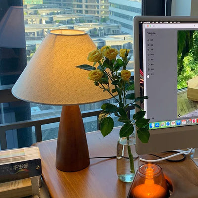 Contemporary Retro PVC Composite Fabric Conical Shade Solid Wood 1-Light Table Lamp For Home Office