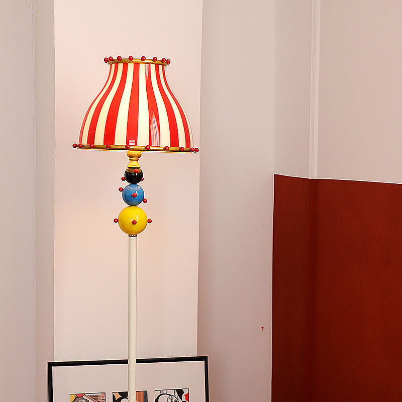 Contemporary Creative Circus Red & White Striped Glass Round Shade Iron 1-Light Standing Floor Lamp For Bedroom