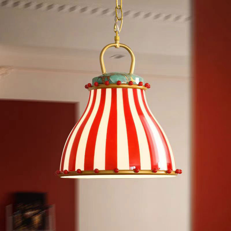 Contemporary Creative Circus Red & White Striped Glass Round Shade Iron 1-Light Pendant Light For Living Room
