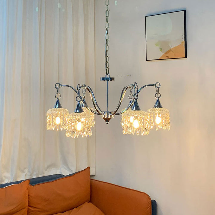 Traditional French Iron Frame Flower Glass Crystal String 4/6-Light Chandelier For Living Room