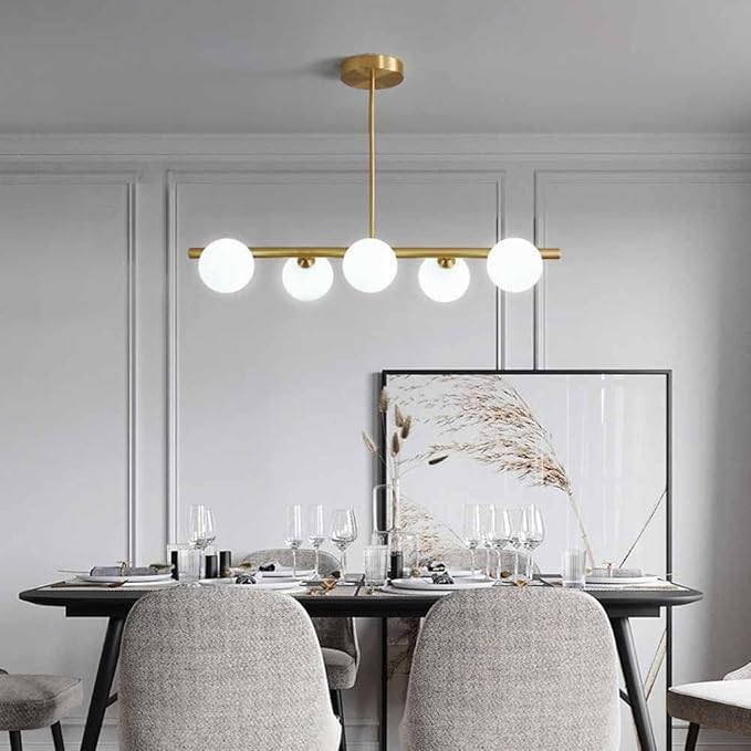 Modern Mid-Century Linear Iron Frame Glass Globe Shade 5-Light Chandelier Island Light For Living Room