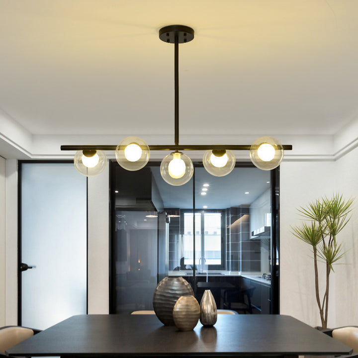Modern Mid-Century Linear Iron Frame Glass Globe Shade 5-Light Chandelier Island Light For Living Room