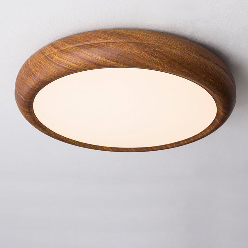 Traditional Japanese Iron Walnut Wood Grain Round Acrylic Shade LED Flush Mount Ceiling Light For Living Room