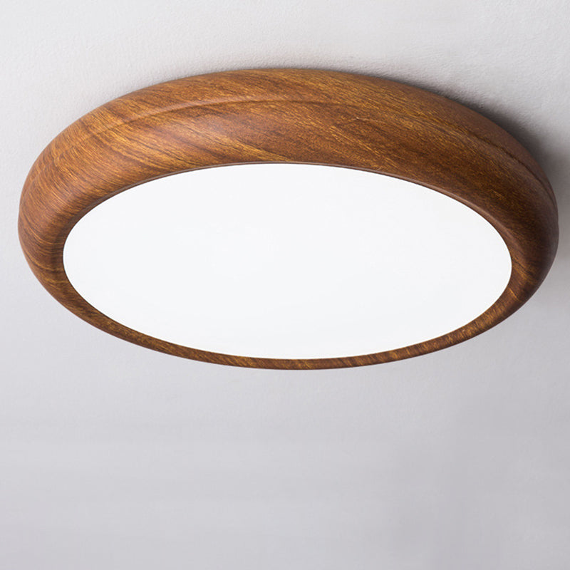 Traditional Japanese Iron Walnut Wood Grain Round Acrylic Shade LED Flush Mount Ceiling Light For Living Room