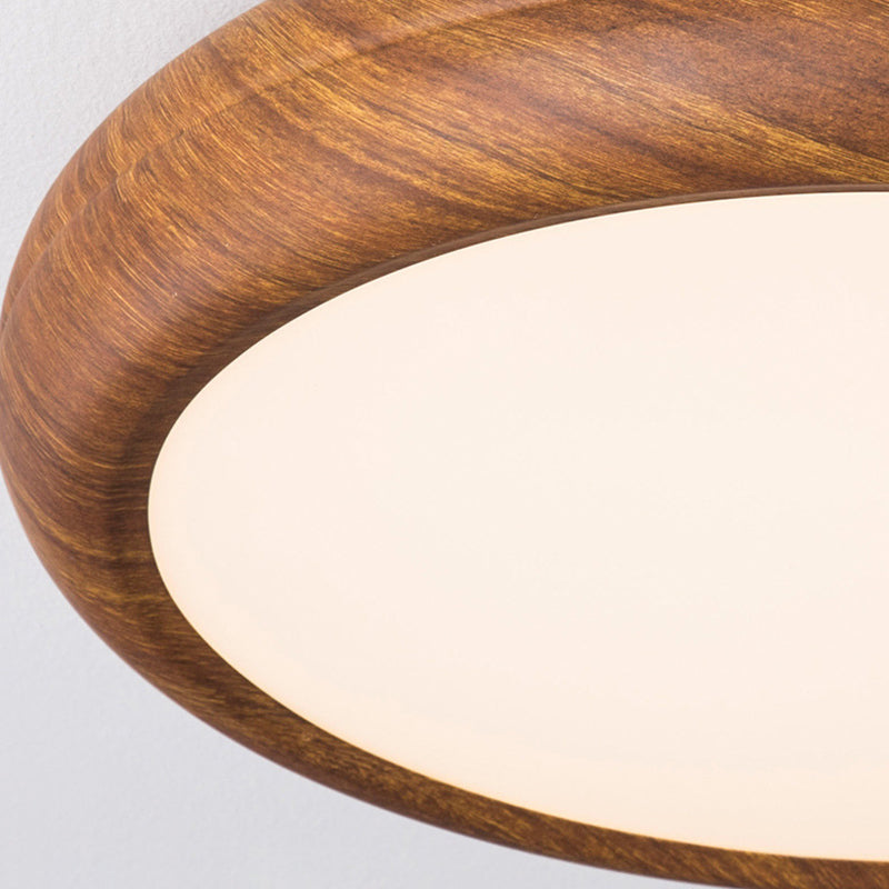 Traditional Japanese Iron Walnut Wood Grain Round Acrylic Shade LED Flush Mount Ceiling Light For Living Room