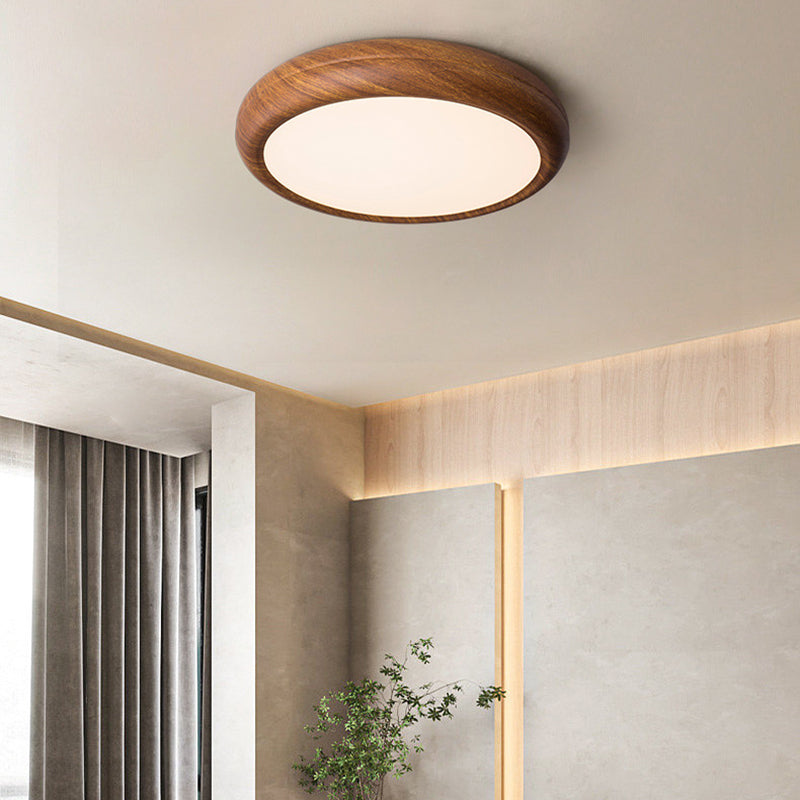Traditional Japanese Iron Walnut Wood Grain Round Acrylic Shade LED Flush Mount Ceiling Light For Living Room