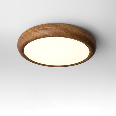 Traditional Japanese Iron Walnut Wood Grain Round Acrylic Shade LED Flush Mount Ceiling Light For Living Room