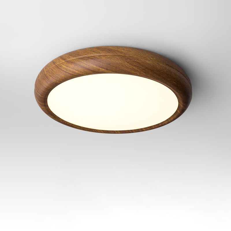 Traditional Japanese Iron Walnut Wood Grain Round Acrylic Shade LED Flush Mount Ceiling Light For Living Room