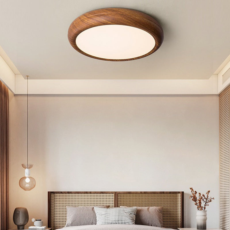 Traditional Japanese Iron Walnut Wood Grain Round Acrylic Shade LED Flush Mount Ceiling Light For Living Room