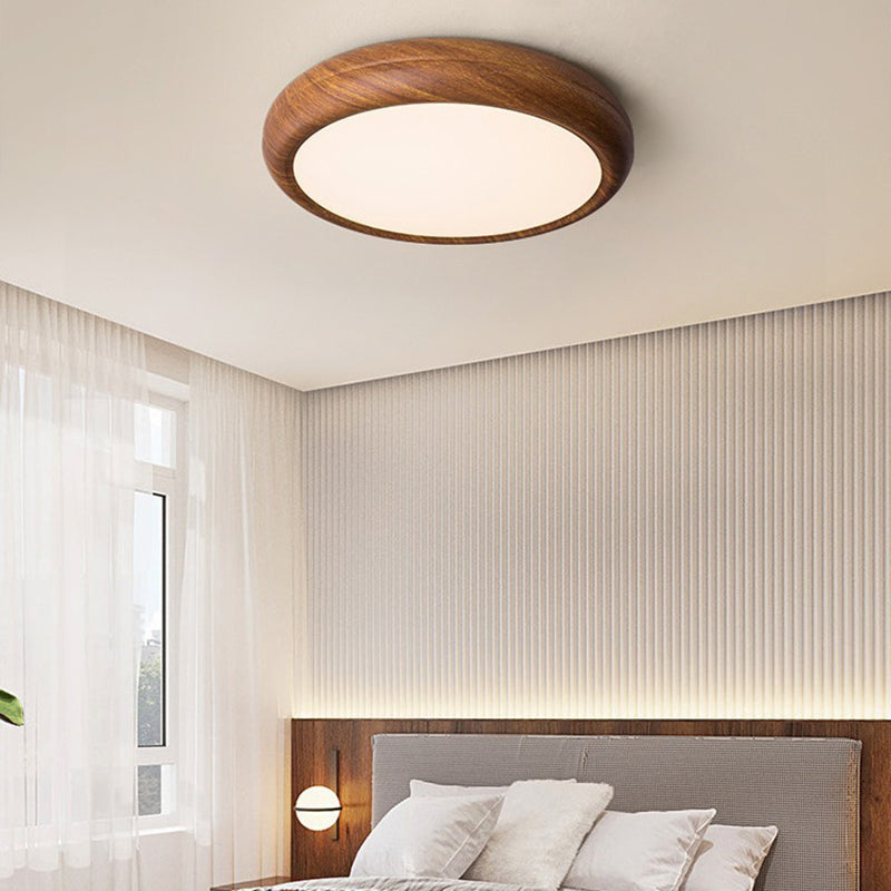 Traditional Japanese Iron Walnut Wood Grain Round Acrylic Shade LED Flush Mount Ceiling Light For Living Room
