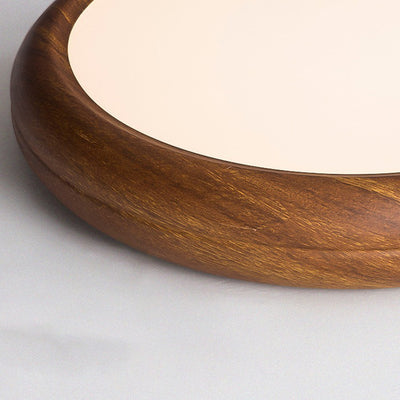 Traditional Japanese Iron Walnut Wood Grain Round Acrylic Shade LED Flush Mount Ceiling Light For Living Room