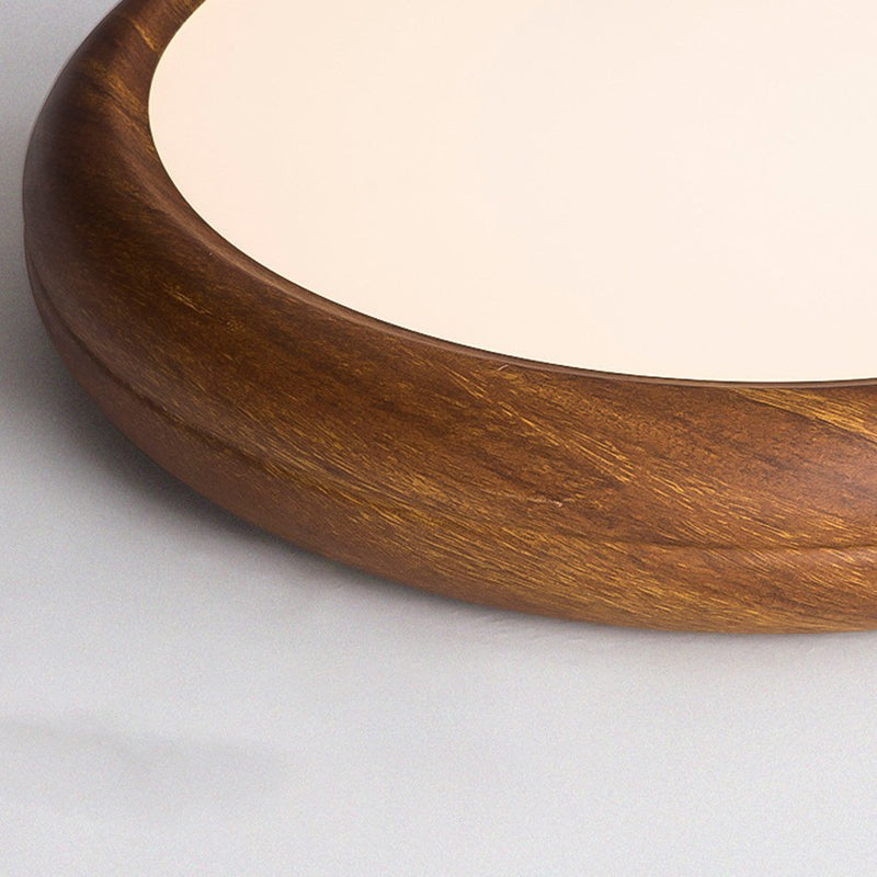 Traditional Japanese Iron Walnut Wood Grain Round Acrylic Shade LED Flush Mount Ceiling Light For Living Room