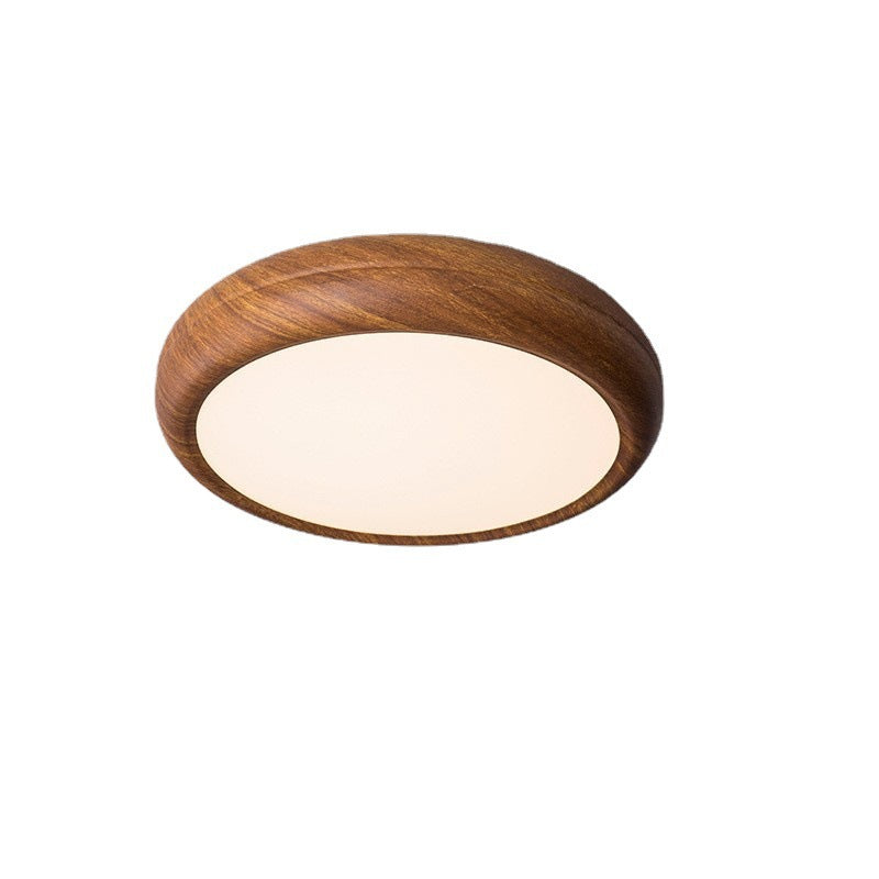 Traditional Japanese Iron Walnut Wood Grain Round Acrylic Shade LED Flush Mount Ceiling Light For Living Room
