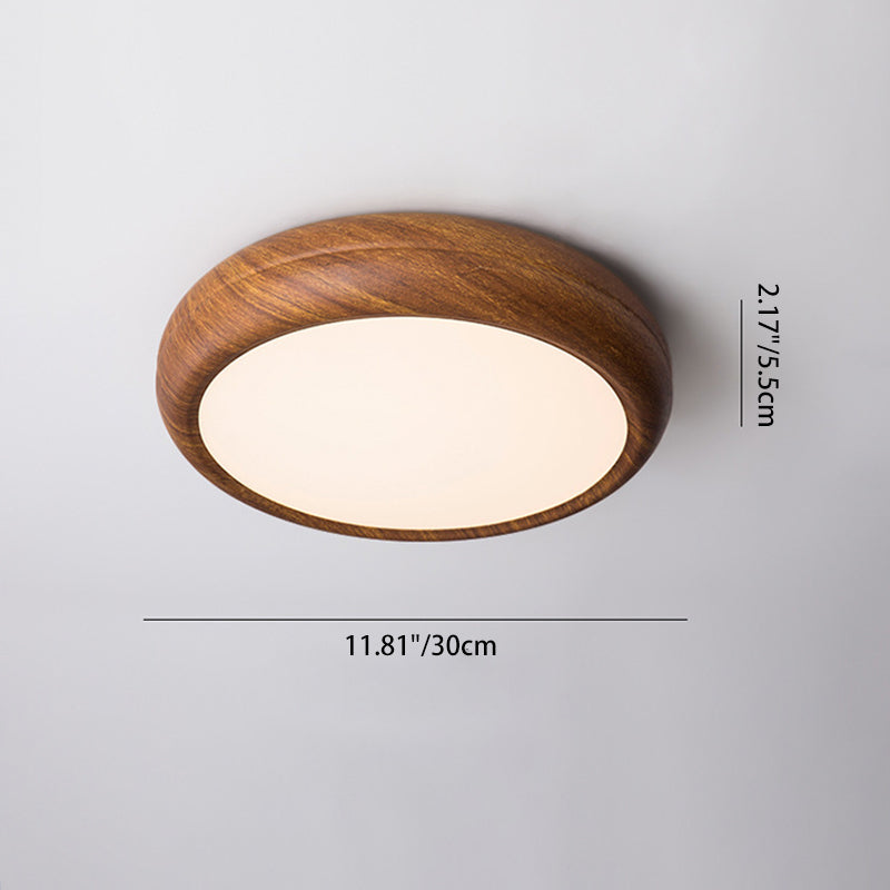 Traditional Japanese Iron Walnut Wood Grain Round Acrylic Shade LED Flush Mount Ceiling Light For Living Room