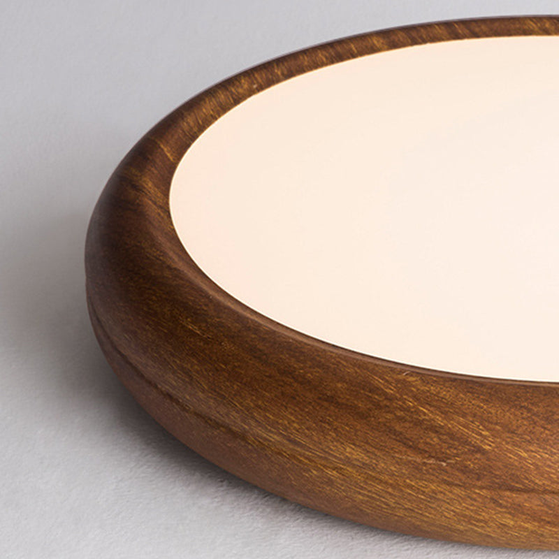 Traditional Japanese Iron Walnut Wood Grain Round Acrylic Shade LED Flush Mount Ceiling Light For Living Room