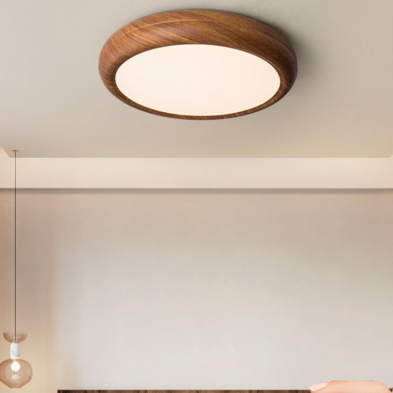 Traditional Japanese Iron Walnut Wood Grain Round Acrylic Shade LED Flush Mount Ceiling Light For Living Room