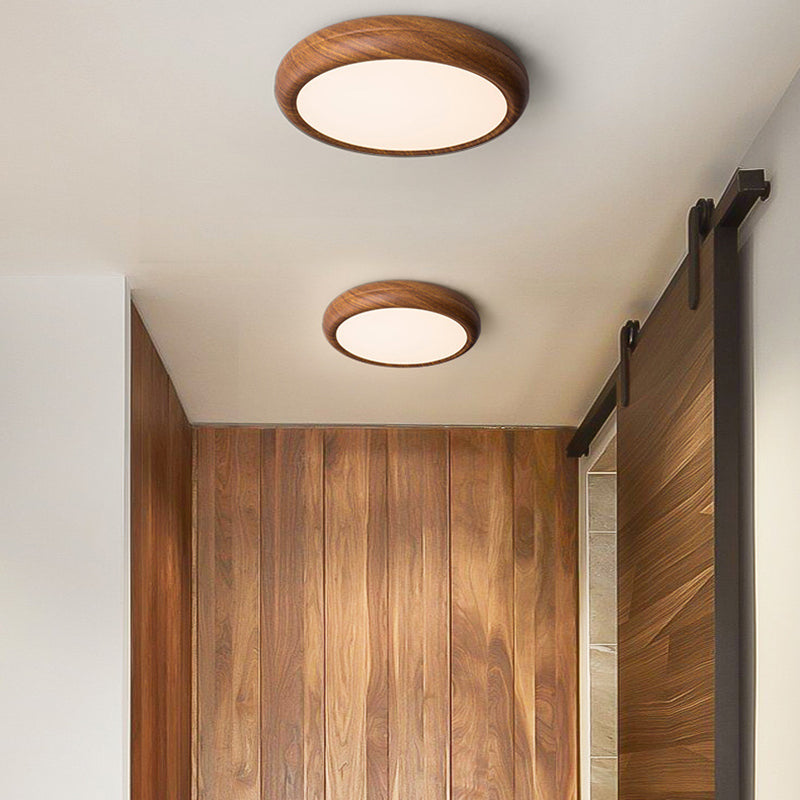 Traditional Japanese Iron Walnut Wood Grain Round Acrylic Shade LED Flush Mount Ceiling Light For Living Room