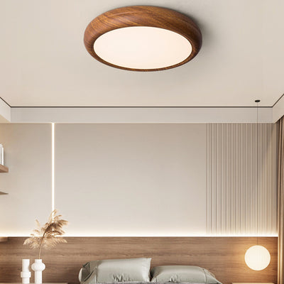 Traditional Japanese Iron Walnut Wood Grain Round Acrylic Shade LED Flush Mount Ceiling Light For Living Room