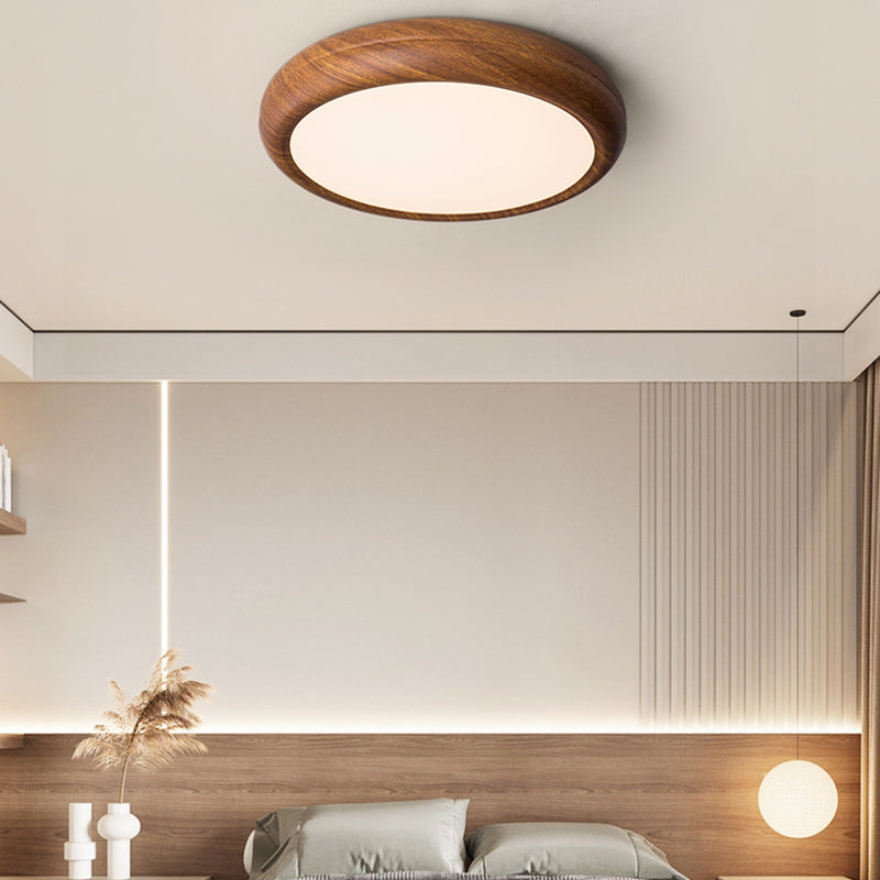 Traditional Japanese Iron Walnut Wood Grain Round Acrylic Shade LED Flush Mount Ceiling Light For Living Room