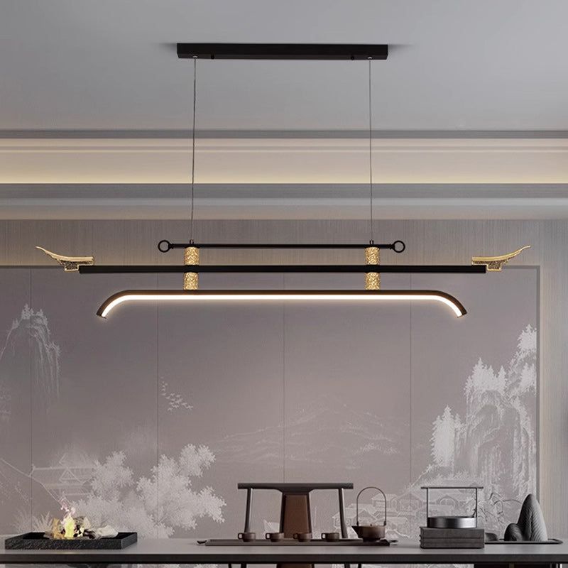 Traditional Chinese Cloud Carving Resin Decorative Iron Linear LED Island Light Pendant Light For Living Room