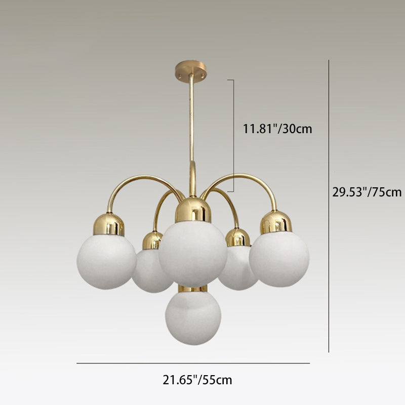 Chandelier moderne à 6 lumières avec tige en fer à arc du milieu du siècle et abat-jour en boule de verre pour le salon 