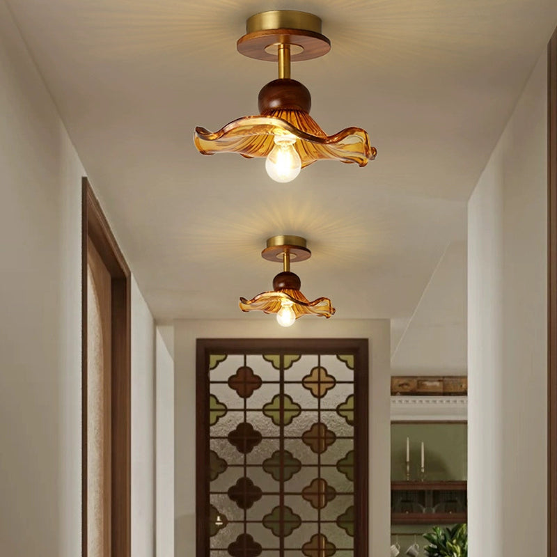 Traditional French Iron Flower Glass 1-Light Semi-Flush Mount Ceiling Light For Living Room