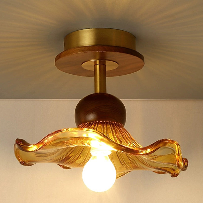 Traditional French Iron Flower Glass 1-Light Semi-Flush Mount Ceiling Light For Living Room