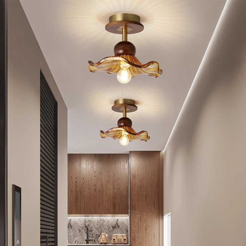 Traditional French Iron Flower Glass 1-Light Semi-Flush Mount Ceiling Light For Living Room
