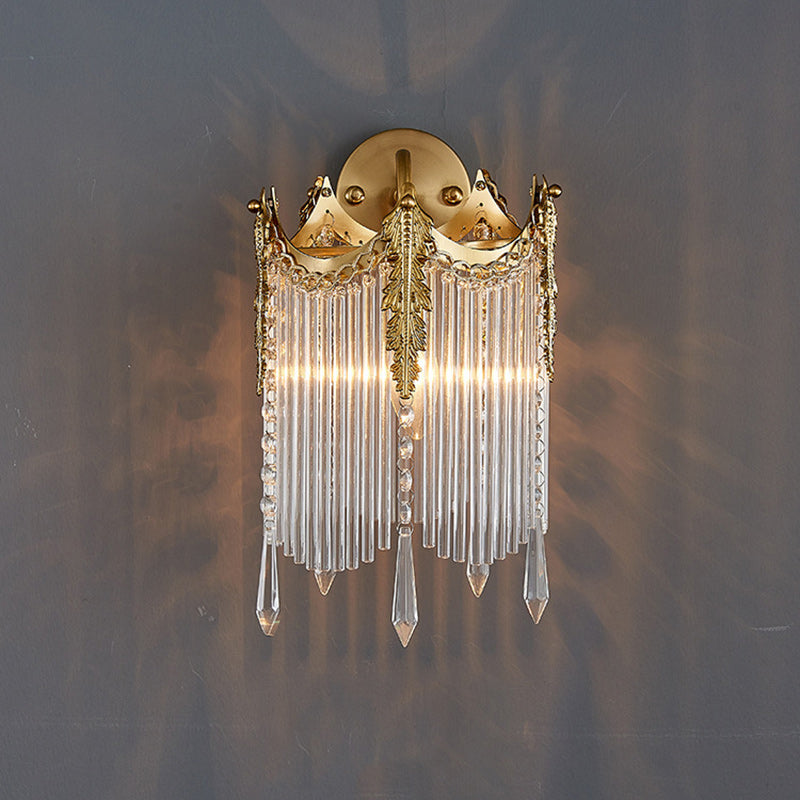 Traditional French Antique Brass Crown Glass Tassel Shade 1-Light Wall Sconce Lamp For Dining Room