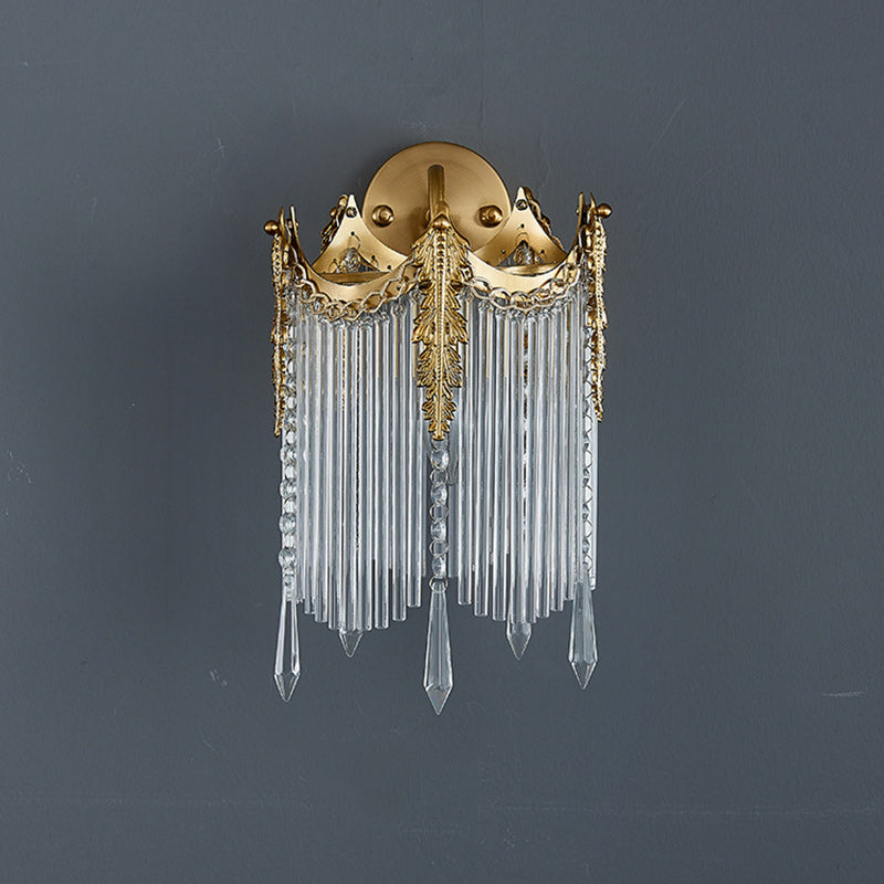 Traditional French Antique Brass Crown Glass Tassel Shade 1-Light Wall Sconce Lamp For Dining Room