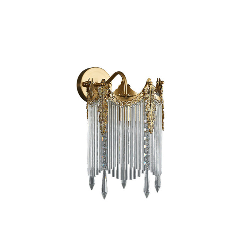 Traditional French Antique Brass Crown Glass Tassel Shade 1-Light Wall Sconce Lamp For Dining Room