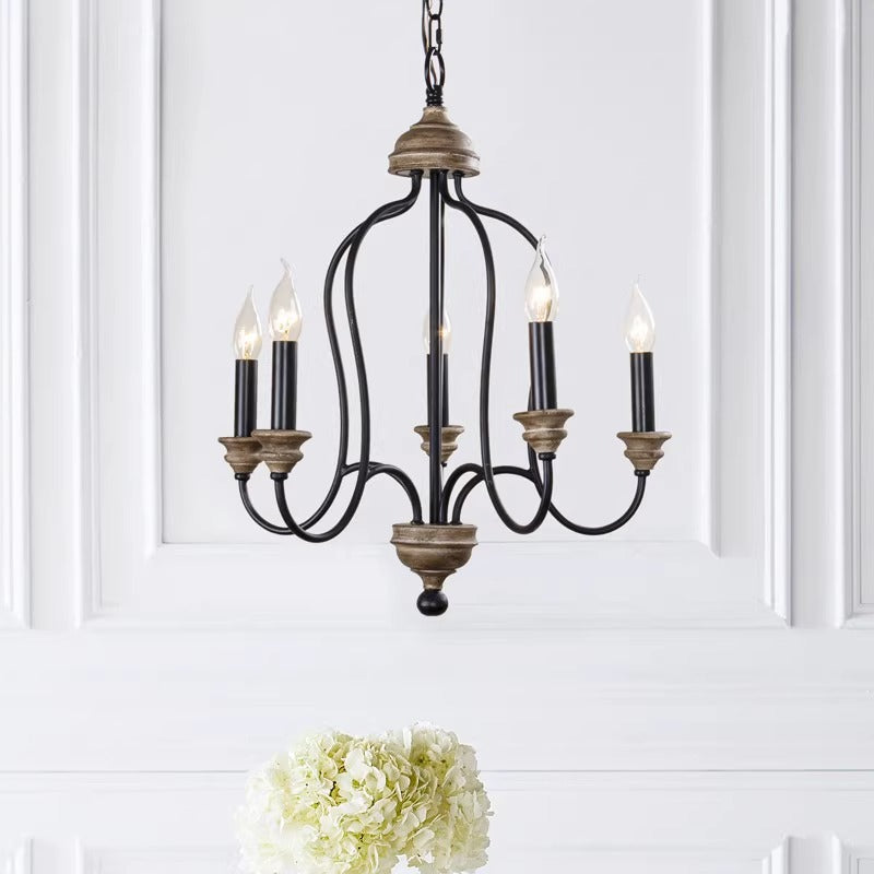 Chandelier à 5 lumières en bois massif avec cadre en fer rustique traditionnel pour salon 