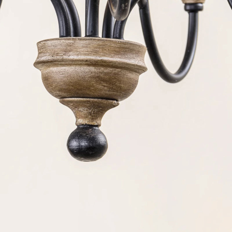 Branche Française Traditionnelle Tige Courbée Dôme Caoutchouc Bois Fer Cadre Abat-jour en Tissu Lustre à 3/5/6/8 Lumières Pour Salon 