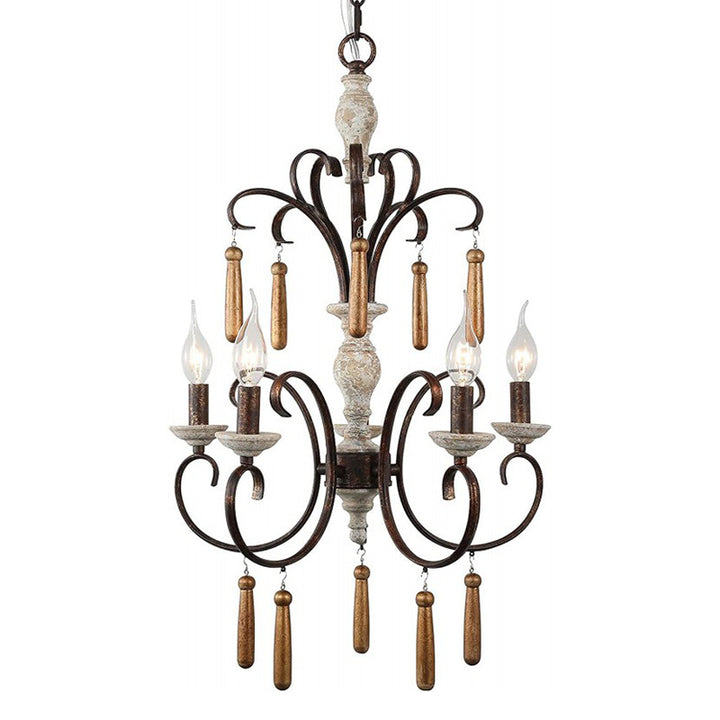 Traditional Rustic Distressed Solid Wood Curved Iron Candelabra 5-Light Chandelier For Living Room