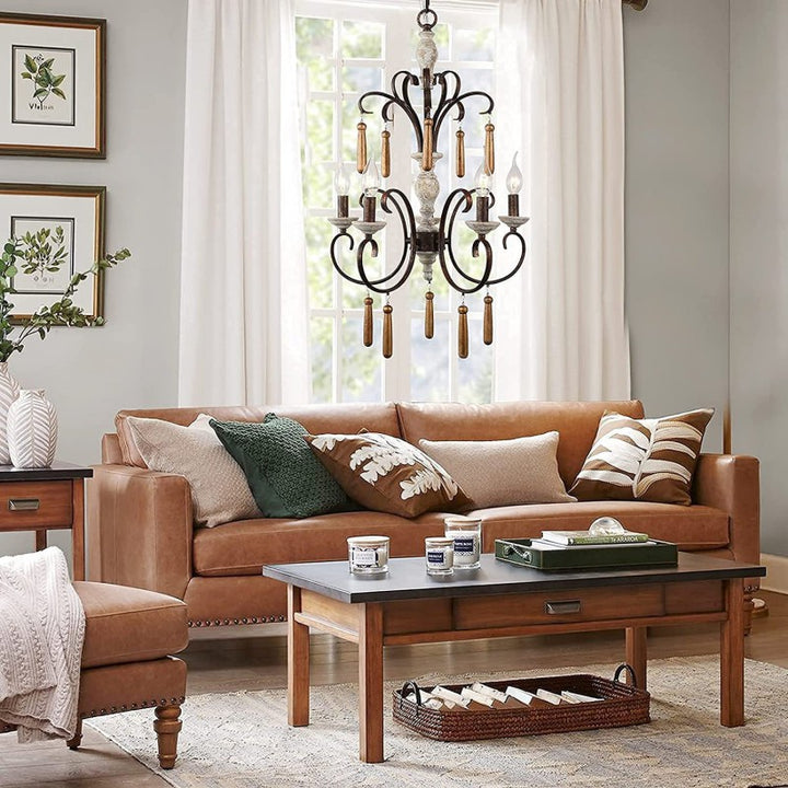 Traditional Rustic Distressed Solid Wood Curved Iron Candelabra 5-Light Chandelier For Living Room