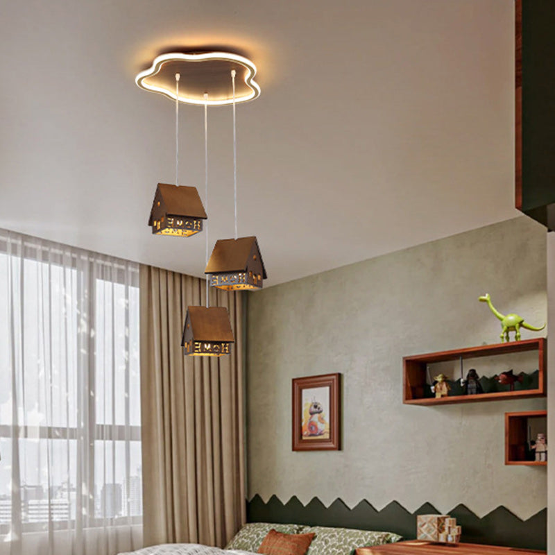 Contemporary Creative Solid Wood Cabin Iron Aluminum Cloud Shade LED Pendant Light For Living Room